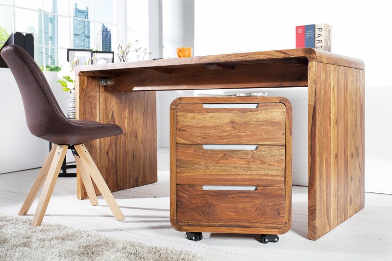 Caisson de bureau design en bois sheesham massif coloris naturel avec 3 tiroirs