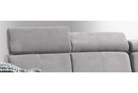 Canapé d'angle droit avec têtières en tissu gris et simili cuir noir
