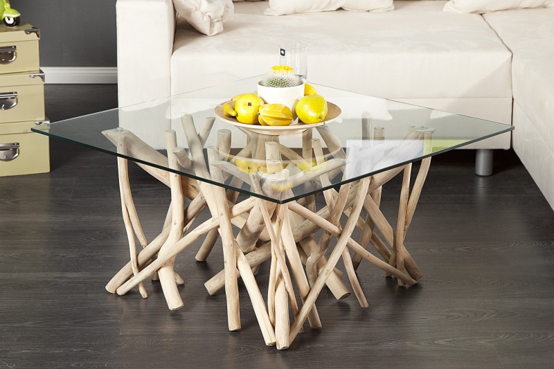 Table basse carrée en bois massif et verre