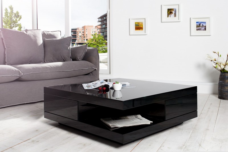 Table basse moderne avec 2 tiroirs coloris noir brillant