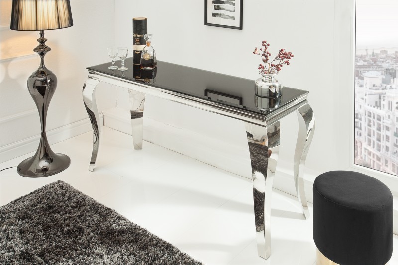 Élégante table design BAROQUE 140cm en acier inoxydable et en verre trempé noir
