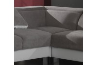 Canapé d'angle avec têtières en tissu gris et simili cuir blanc