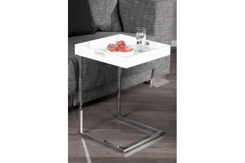 Table d'appoint blanche design plastique / métal chromé