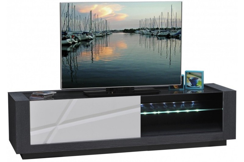 Meuble TV avec porte coulissante et LED coloris gris foncé et blanc