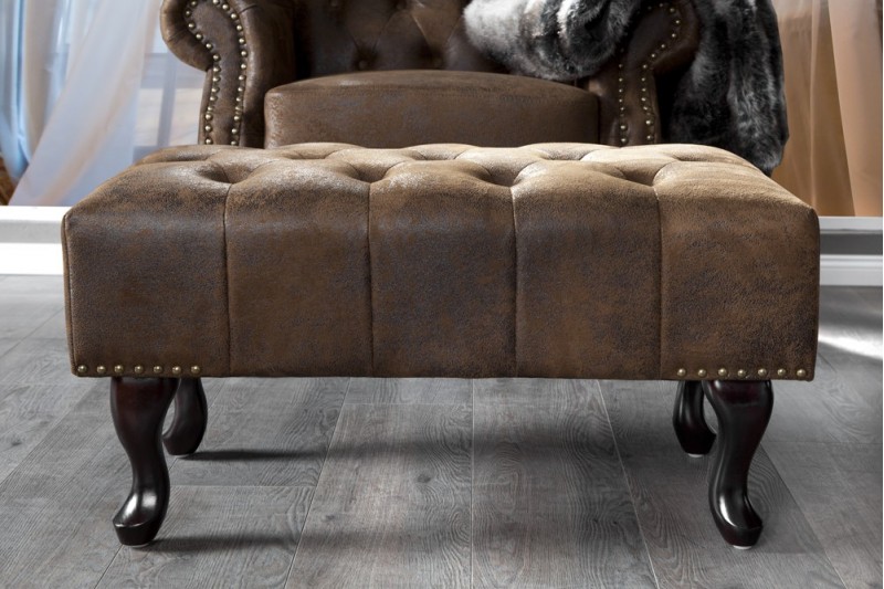 Pouf CHESTERFIELD marron antique en microfibre / bois massif