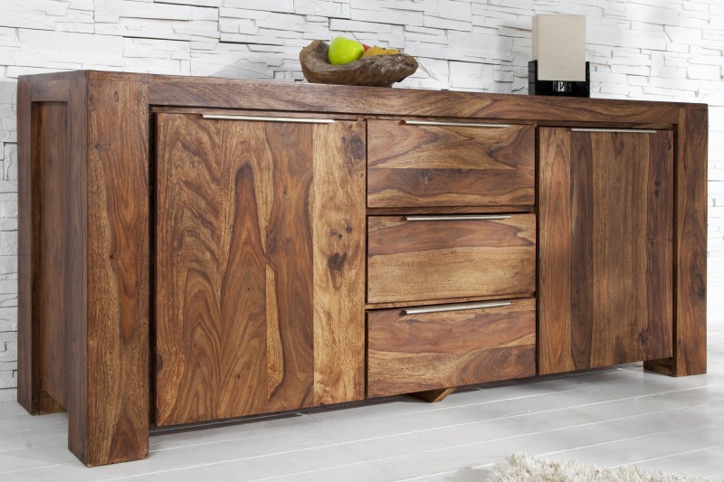 Buffet bas en Bois de Sheesham Massif - Enfilade 2 Portes & 3 Tiroirs