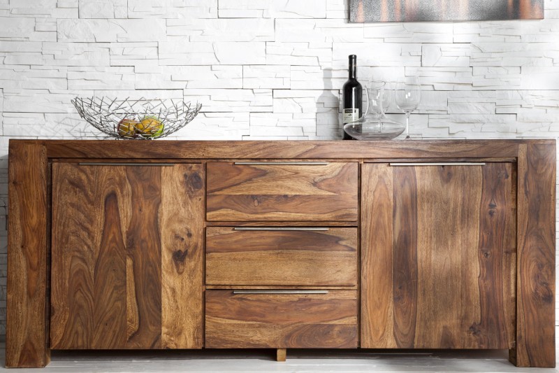 Buffet en Bois Massif Sheesham 180 cm — 2 Portes & 3 Tiroirs, Coloris Naturel