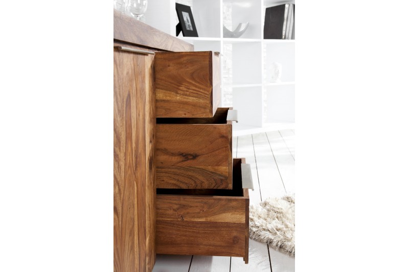 Buffet en bois massif avec 2 portes et 3 tiroirs - Meuble en sheesham naturel pour un intérieur chaleureux et moderne