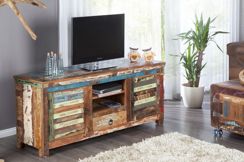 Meuble TV 150 cm design en bois recyclé multicouleur