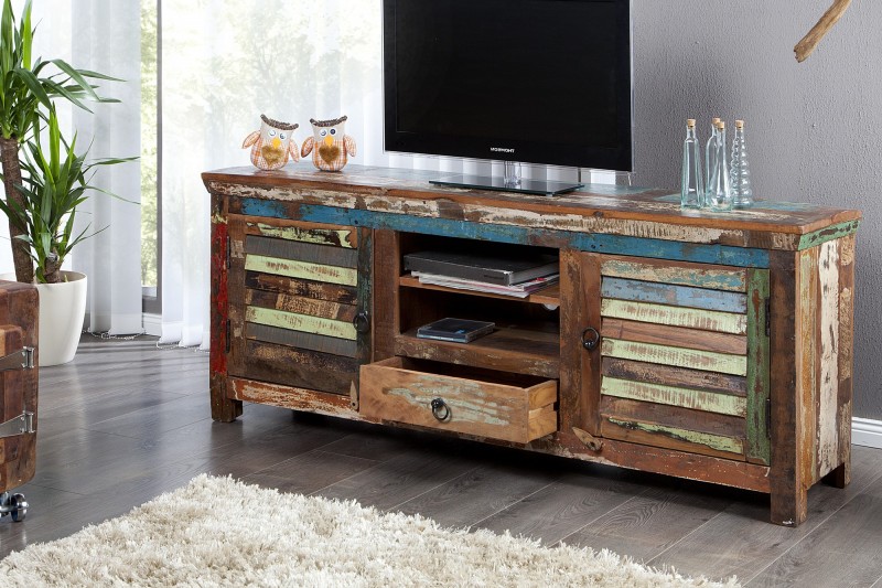Meuble TV 150 cm design en bois recyclé multicouleur Meuble TV 150 cm design en bois recyclé multicouleur