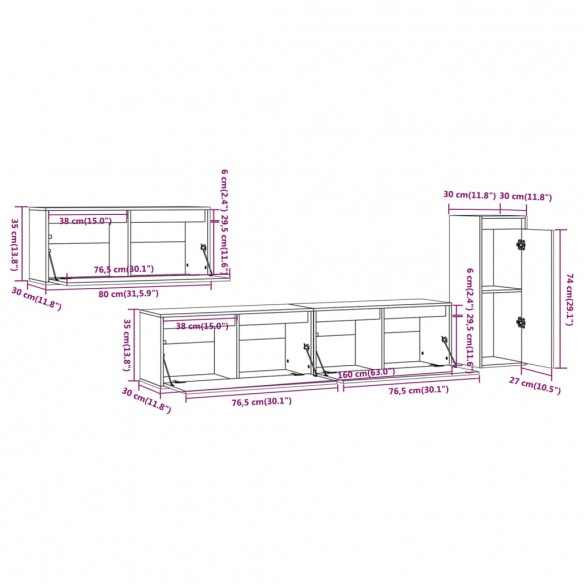 Meubles TV 4 pcs Noir Bois massif de pin