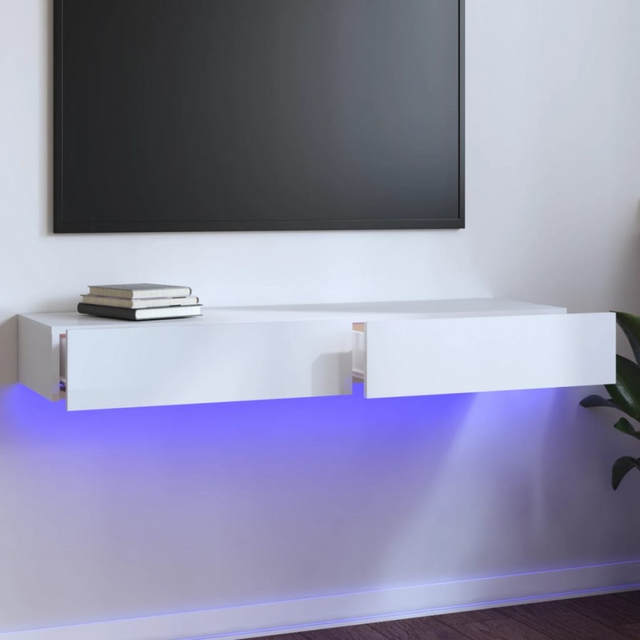 Meuble TV avec lumières LED Blanc brillant 120x35x15,5cm