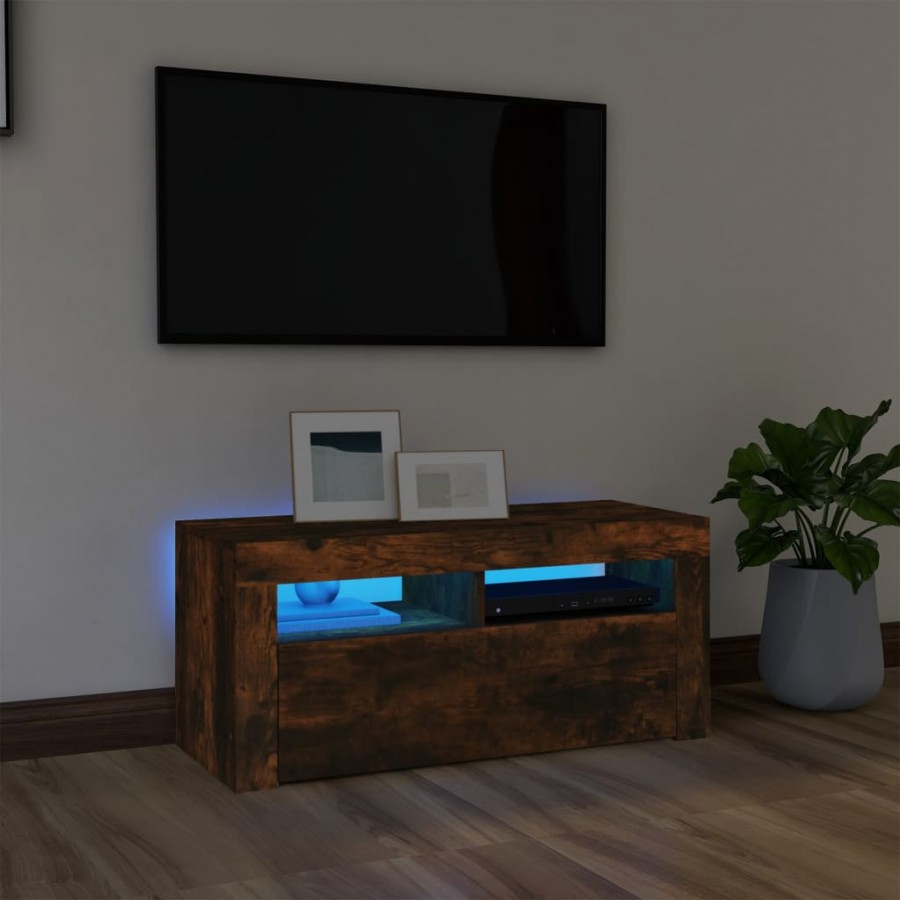 Meuble TV avec lumières LED Chêne fumé 90x35x40 cm