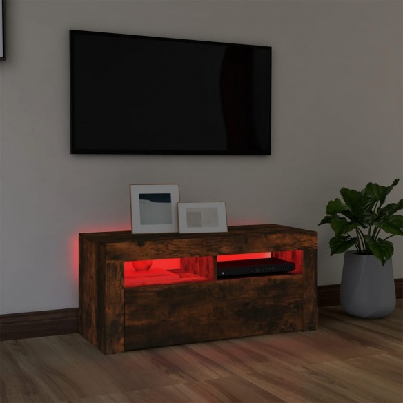 Meuble TV avec lumières LED Chêne fumé 90x35x40 cm