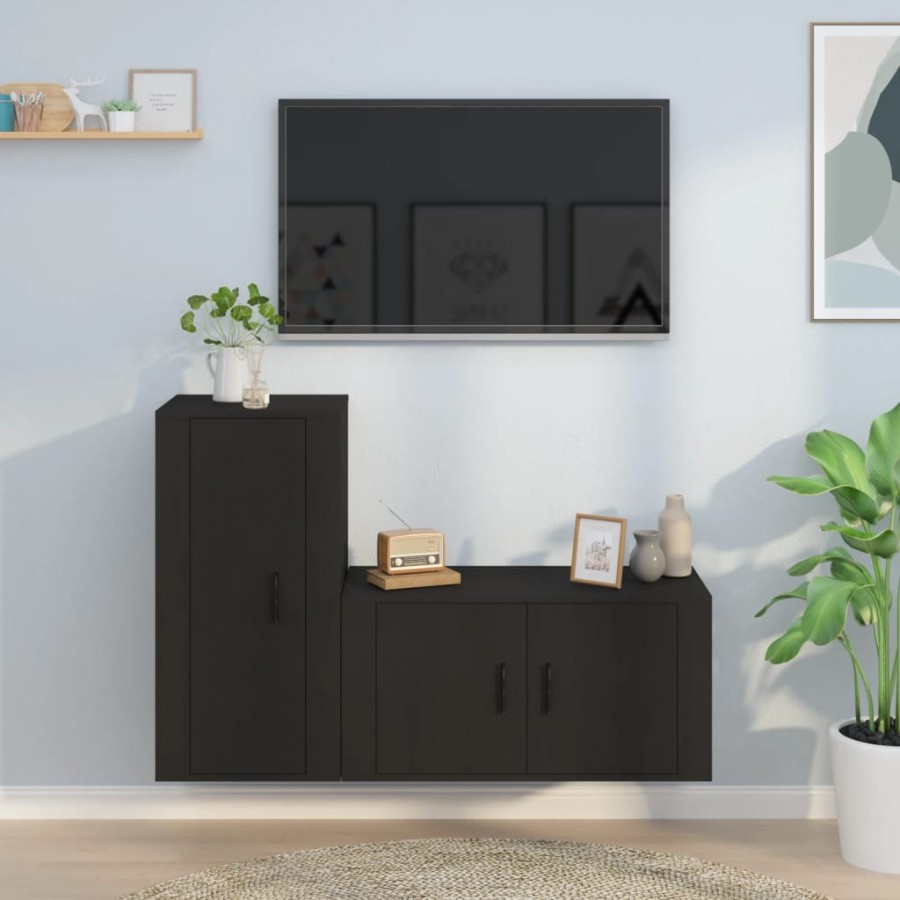 Ensemble de meubles TV 2 pcs noir bois d'ingénierie