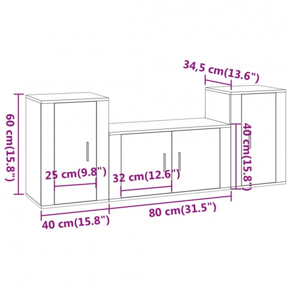 Ensemble de meubles TV 3 pcs Noir Bois d'ingénierie