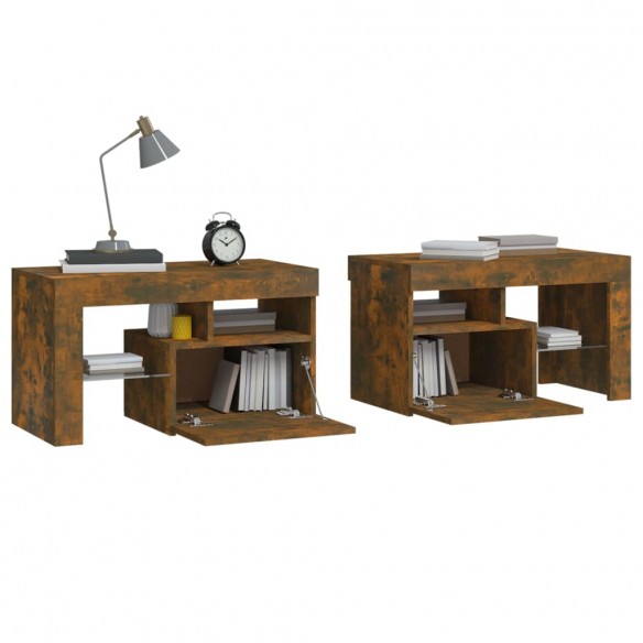 Tables de chevet 2 pcs et lumières LED Chêne fumé 70x36,5x40 cm