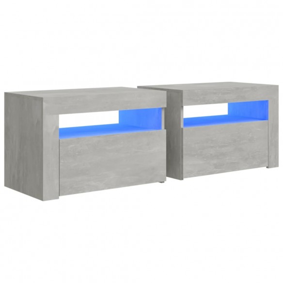 Tables de chevet 2 pcs avec LED Gris béton 60x35x40 cm