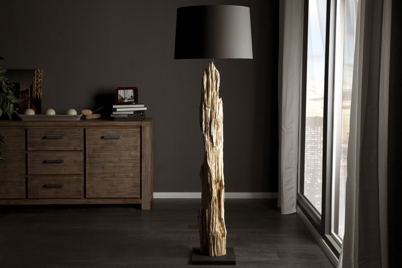 Lampe sur pied 177 cm bois flotté et lin noir pour déco