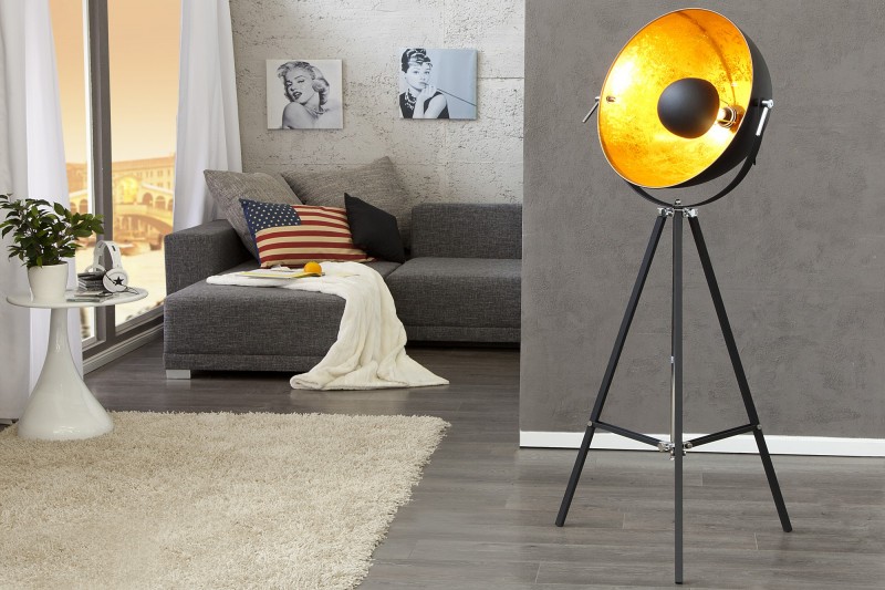 Lampadaire trépied 160 cm en acier inoxydable coloris noir et or