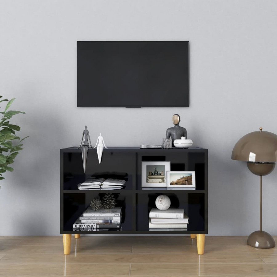 Meuble TV avec pieds en bois massif Noir brillant 69,5x30x50 cm