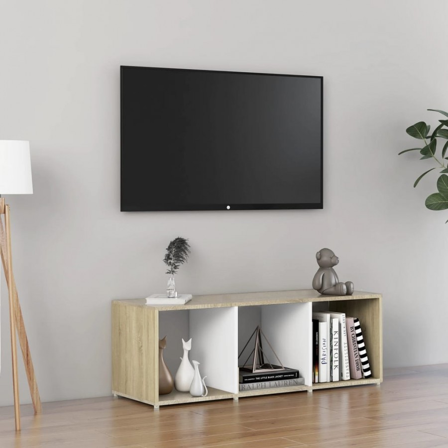 Meuble TV Blanc et chêne sonoma 107x35x37 cm Aggloméré