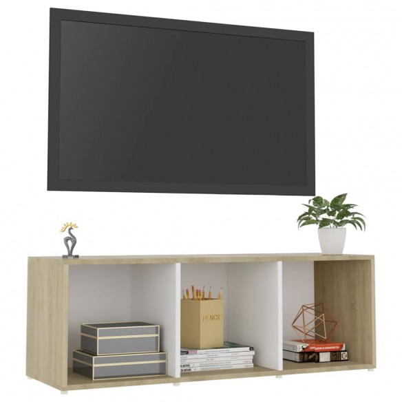 Meuble TV Blanc et chêne sonoma 107x35x37 cm Aggloméré