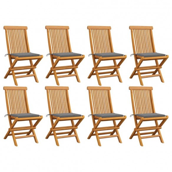 Chaises de jardin avec coussins gris 8 pcs Bois de teck massif