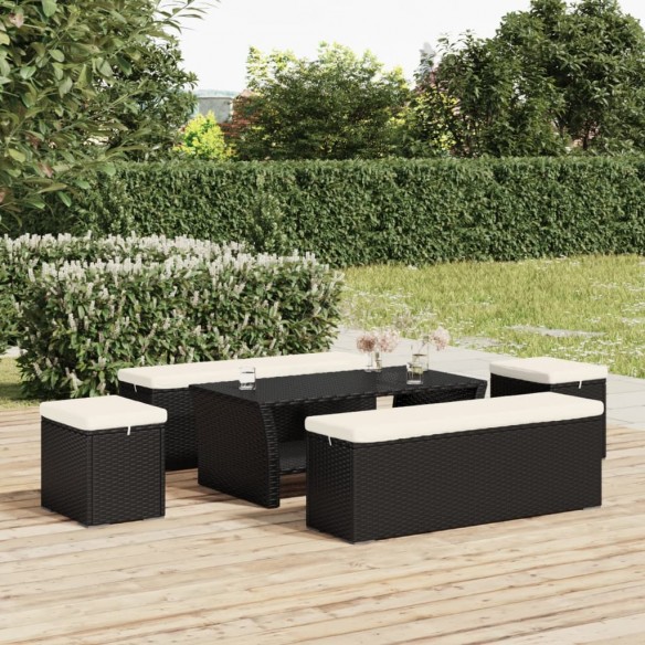 Banc pouf avec coussin noir 110x30x40 cm résine tressée