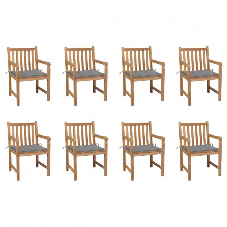 Chaises de jardin 8 pcs avec coussins gris Bois de teck massif