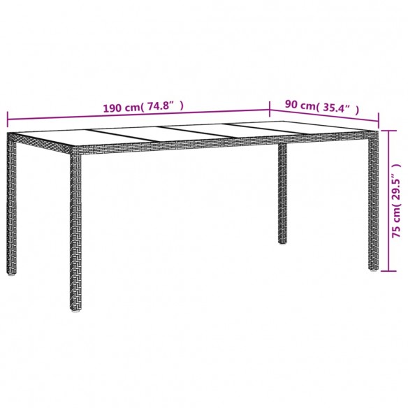 Table de jardin Beige 190x90x75 cm Verre trempé/résine tressée