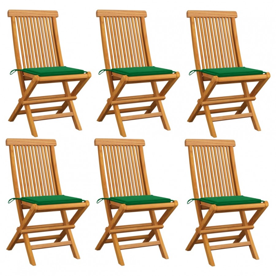 Chaises de jardin avec coussins vert 6 pcs Bois de teck massif