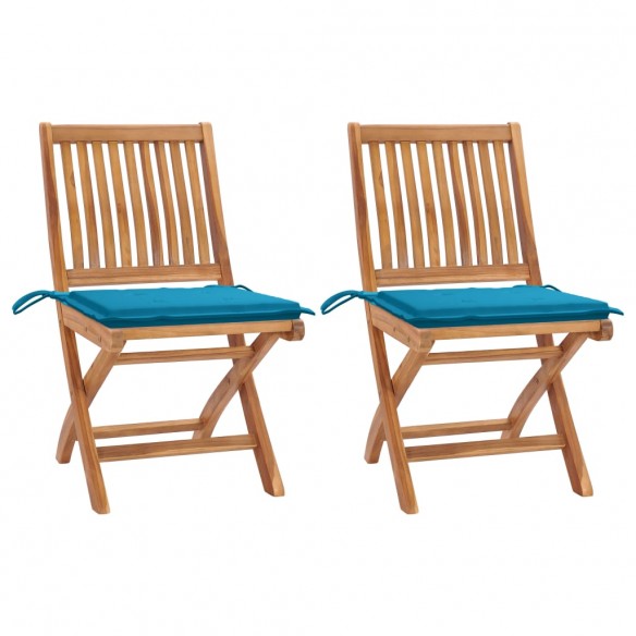 Chaises de jardin 2 pcs avec coussins bleu Bois de teck massif