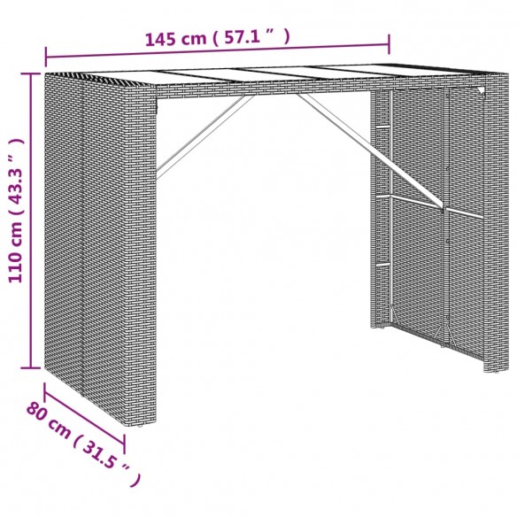 Table de bar et dessus en verre gris 145x80x110 cm poly rotin