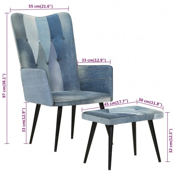 Fauteuil avec repose-pieds Denim Bleu Toile patchwork