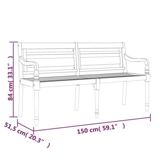 Banc Batavia avec coussin noir 150 cm Bois de teck massif