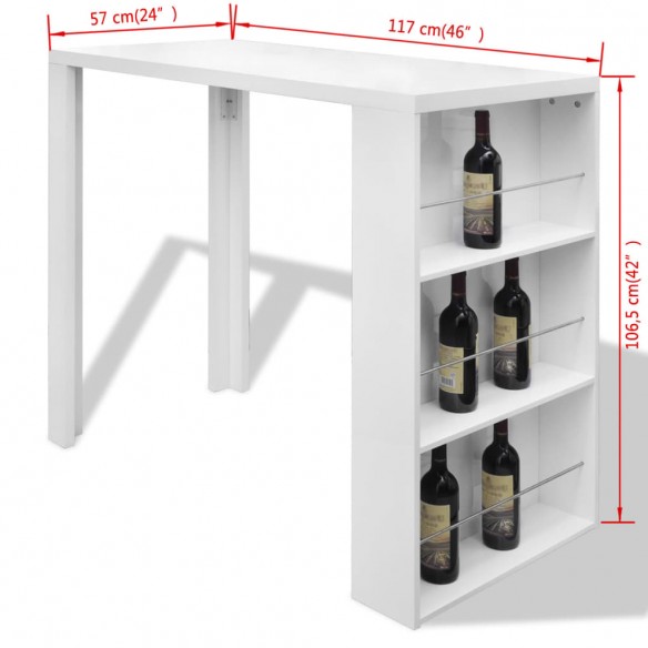 Table de bar MDF avec casier à bouteilles Blanc haut brillance