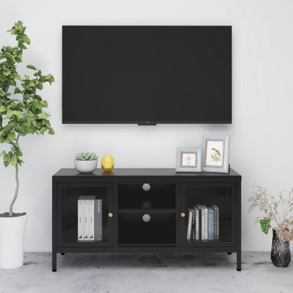 Meuble TV Noir 105x35x52 cm Acier et verre