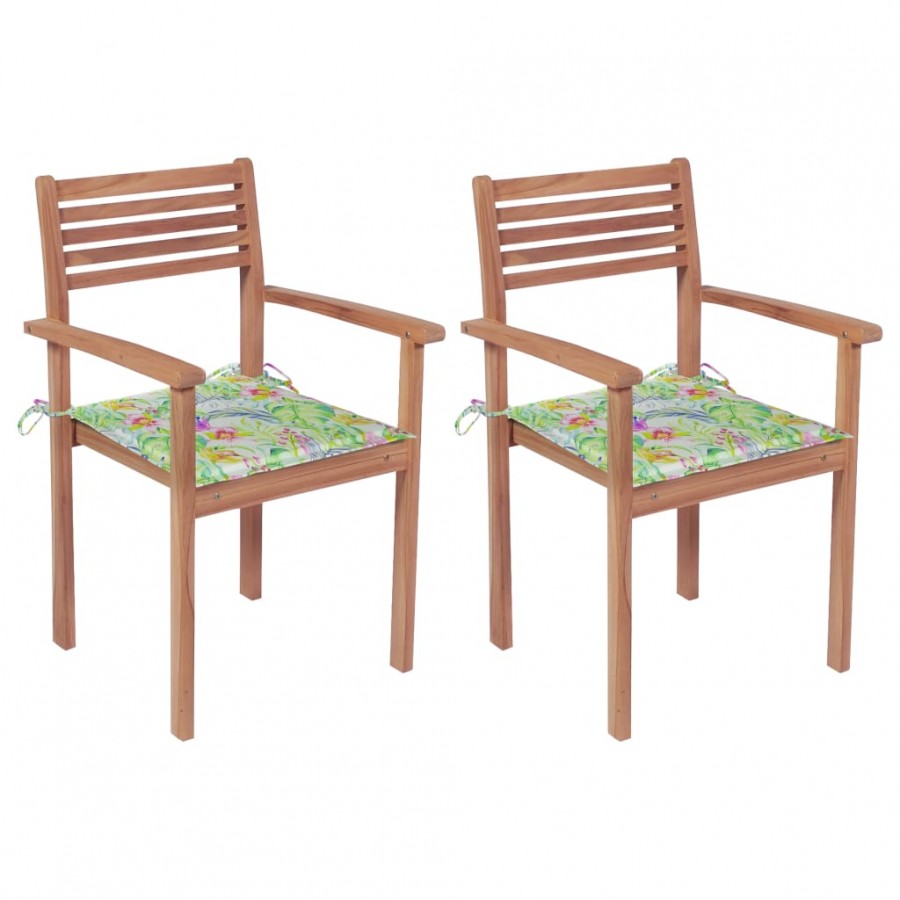 Chaises de jardin 2 pcs avec coussins à motif de feuilles Teck