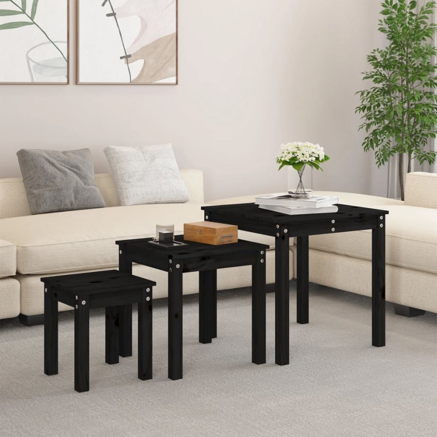 Tables gigognes 3 pcs Noir Bois de pin massif