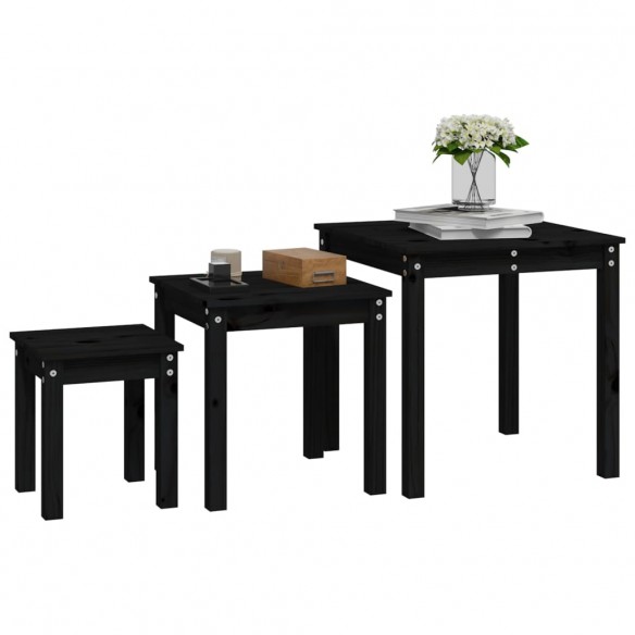 Tables gigognes 3 pcs Noir Bois de pin massif