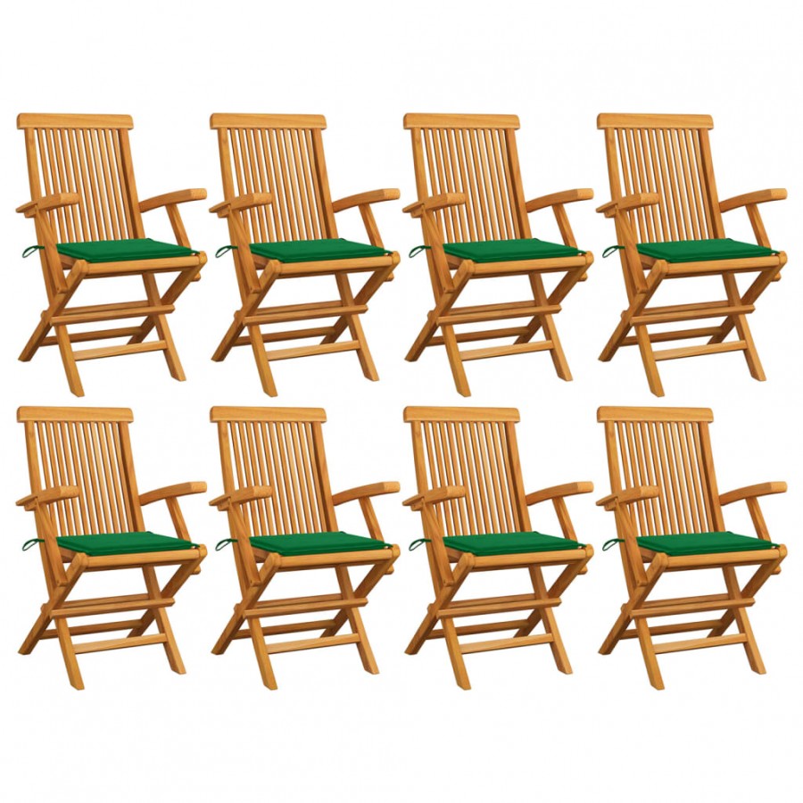 Chaises de jardin avec coussins vert 8 pcs Bois de teck massif