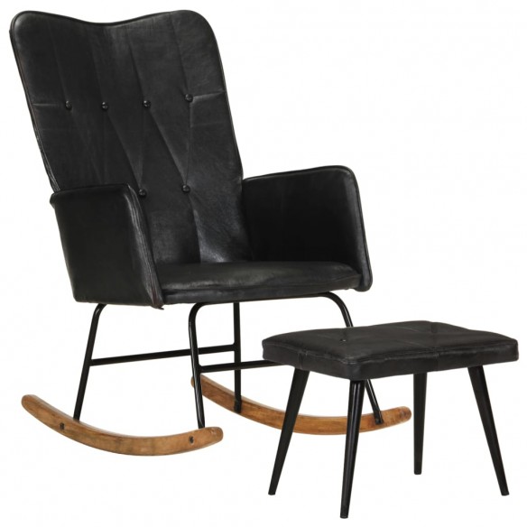 Chaise à bascule avec repose-pied Noir Cuir véritable