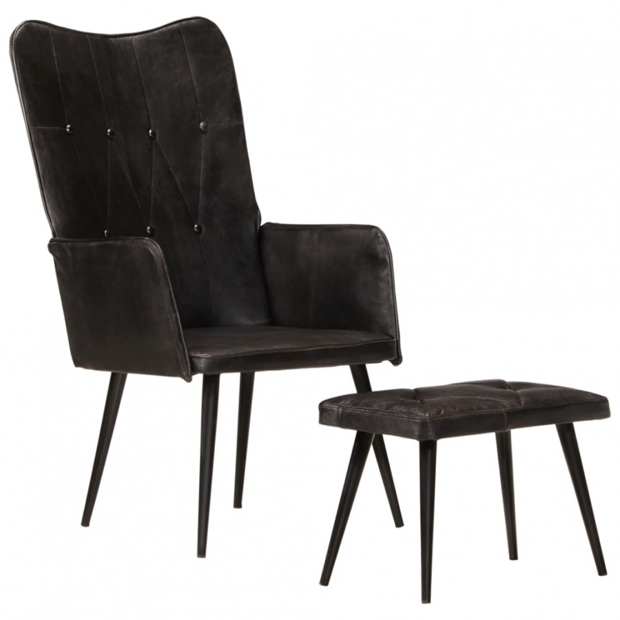 Chaise à oreilles avec repose-pied Noir Cuir véritable