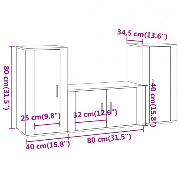 Ensemble de meubles TV 3 pcs Gris béton Bois d'ingénierie