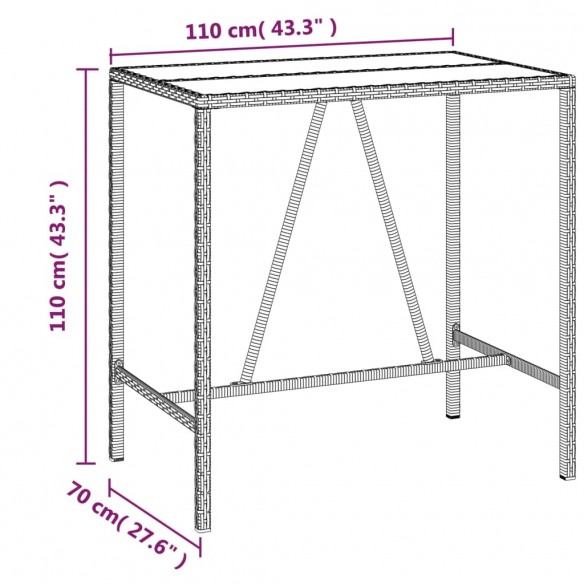 Table de bar et dessus en verre marron 110x70x110 cm poly rotin