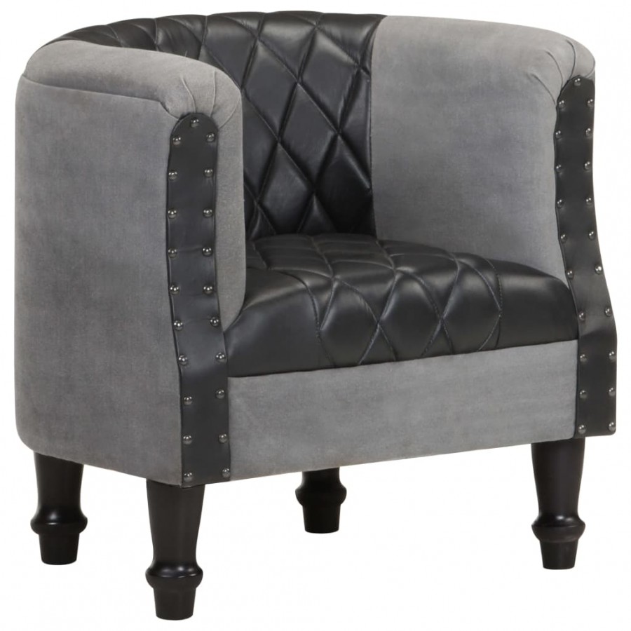 Fauteuil Noir Cuir véritable et bois de manguier massif