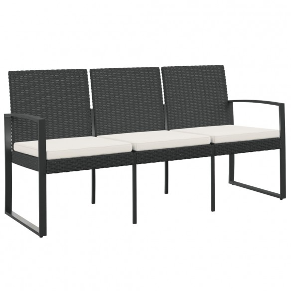 Banc de jardin à 3 places avec coussins noir rotin PP