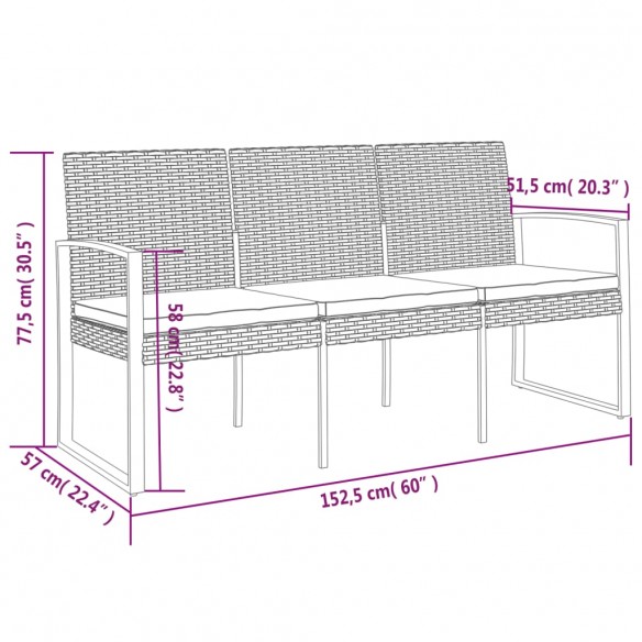 Banc de jardin à 3 places avec coussins noir rotin PP