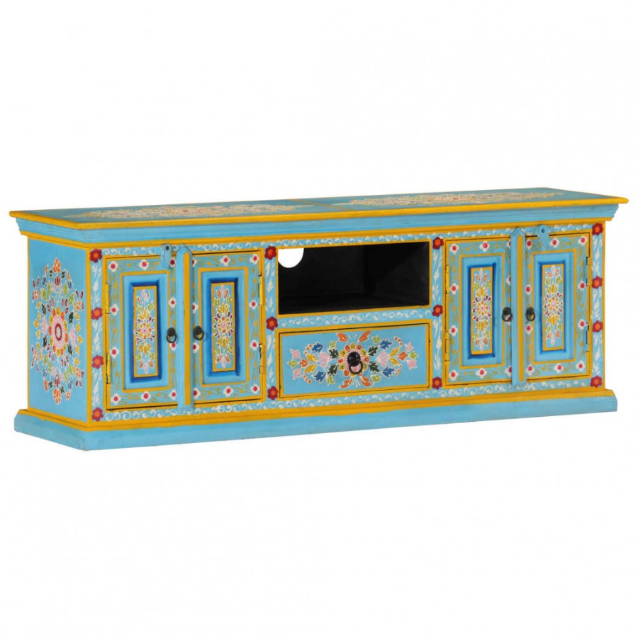 Meuble TV bleu 110x30x40 cm bois massif de manguier